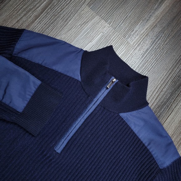 Bugatchi Uomo Merino Wool Sweater L Navy Blue Half Zip Ribbed Knit Nylon Patches - Picture 1 of 8